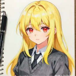 advanced digital anime art, female teen with red eyes and blonde / yellow hair that is to neck length wearing a dark grey school outfit. drawn by Shikamimi, WLOP,rossdraws