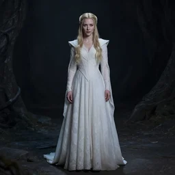 a full length portrait of  mischievous, dangerous young,  Galadriel! (young Cate Blanchett) as a queen of elves, dressed in a lacy, (((white))) dress. The background is a dark, creepy eastern europen forrest with a field of violets. paster colours, dominant wihte and blue colours, magical, Pre-Raphaelite oil painting, inspired by Henry Meynell Rheam: The Fairy Wood