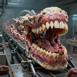 hr giger - designed assembly line made of teeth and gums. assembly line made to chew objects. nightmare 3 d cinematic render, volumetric lighting, photorealistic, by hr giger.