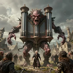 full body portrait of a grotesque pipe organ monster attacking a village by ed schaap and alan lee, symmetry, feature film style, finely detailed screenshot from skyrim, angry face, screaming peasants