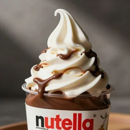 nutella sauce all over soft serve ice cream swirl in a cup. macro food photography. beautiful tasty delightful cinematic lights
