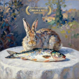 still life painting of a fish rabbit on a white table, impressionism
