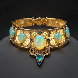 historical, art nouveau, ornate, delicate, opals and cyan gemstone choker, glowing inside, shiny gold, octane render, realistic, dramatic light, 3 d, photograph 4 k,