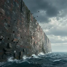 a cinematic scene of a gigantic wall near an ocean, people flying on birds, concept, digital art, dramatic lighting