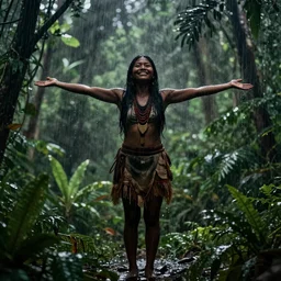 a silhouette of a young indigenous woman under a pouring rain in the jungle, with arms wide open, smiling, art by greg rutkowski