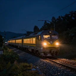 a train in beautiful landscape, at night, f / 1, 1 / 2 shutter speed, iso 1 0 0