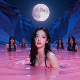 lee jin - eun emerging from pink water in cyberpunk theme during a blood moon by the edge of a royal blue antelope canyon by conrad roset, nicola samuri, dino valls, m. w. kaluta, rule of thirds, seductive look, beautiful