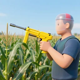 patriot holding a yellow nailgun in a corn field