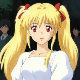 illustration of a blonde twintails hair with ribbons anime girl with red eyes in the style of studio ghibli, ayami kojima, akihiko yoshida and 90's anime