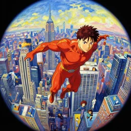 anime key visual concept art of marvel human torch, flying above new york city background, by ashley wood, yoji shinkawa, jamie hewlett, 6 0's french movie poster, french impressionism, vivid colors, palette knife and brush strokes, style of makoto shinkai and greg rutkowski, fish eye lens