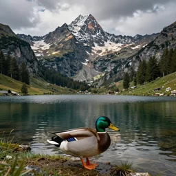 a mallard duck on a mountain lake in the swiss alps by antoni gaudi. art by rolf armstrong, edward hopper, and eyvind earle.