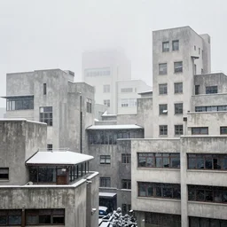 snow falling on complex and beautiful brutalist buildings, depth of field, soft focus, clear focus, beautiful, award winning architecture, le corbusier, frank lloyd wright, snow, fog, mist, hopeful, quiet, calm, serene