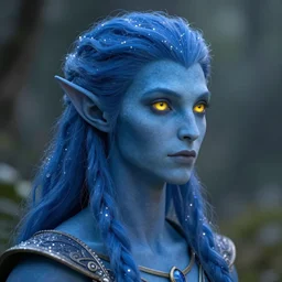 A blue skinned male elf with yellow eyes, noble, schollar, forwards facing, centered, profile shot, fair, fantasy concept art, beautiful, mystical eyes, magical lighting, mystical, shimmers, nature, Artstation, instagram