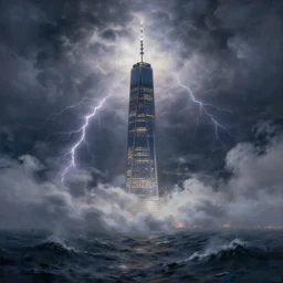 a painting of a singular skyscraper shining its light on a tumultuous sea made out of clouds, cinematic lightning, photo realistic, by Greg Rutkowski, post processed, extremely high detail, artstation, wide shot, digital art, UHD 8K