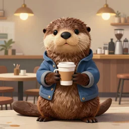 anthropomorphic furry otter wearing cool clothes in a coffee shop, trending on art station, furaffinity, don bluth, painting
