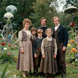sharp, highly detailed, 53456k film, 161800mm film still from a sci fi blockbuster color movie made in 2019, set in 1860, of a family standing in a park, next to some strange alien plants and flowers, on an alien planet, the family are all wearing 1860s era clothes, good lighting, ultra high definition, in focus, 35mm macro lens, zoom on faces