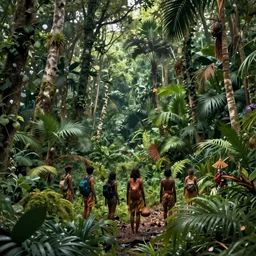 « dark jungle, lost group of humans, detailed, far view »
