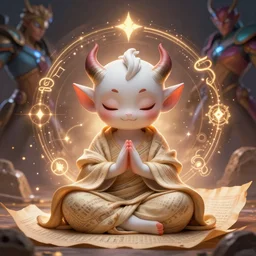 a tiny adorable demon meditating, wrapped in sacred parchment with glowing text, smooth, intricate, elegant, digital painting, artstation, power runes, pulsing energy, concept art, sharp focus, octane render, illustration, art by shintaro kago and james jean, overwatch character,