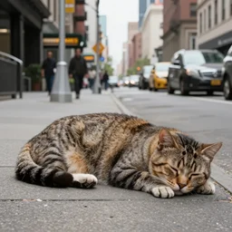 high-resolution photograph of a giant cat sleeping in the middle of a new york city street