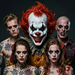 4 k full headshot portrait of scary godlike psychedelic clown from macfarlane comics, ( ( ( smirk ) ) ) detailed vfx tattoos by craig mullins, ilya kuvshinov, indomitable, wild hair, krenz cushart, blood spatter, muscular, symmetry accurate features, epic, artgerm trending on artstation by edward hopper and dan mumford and wlop and rut