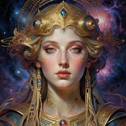 single face portrait. very complex hyper-maximalist overdetailed cinematic cosmic scifi portrait of an elegant very attractive goddess of the universe by andrei riabovitchev, tomasz alen kopera, oleksandra shchaslyva. Omnious intricate. Secessionist portrait illustration. Goddess of the sky. Focus on face. Artstation. Deviantart. 8k 4k 64megapixel. Rendered by binx.ly.
