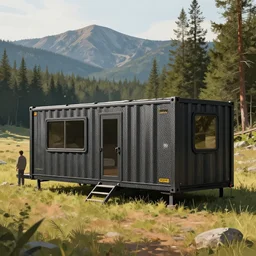 cabela's community of rugged beautiful comfortable carbon framed, military grade, modular insulated wall portable container home kit - house all weather family dwelling tent house, person in foreground, mountainous forested wilderness open fields, beautiful views, painterly concept art, environmental concept art, concept art illustration, by james gurney, by craig mullins, by greg rutkowski trending on artstation