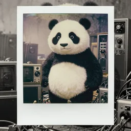 detailed medium format photo, polaroid still from tarkovsky movie, a giant chinese panda character, outside, surrounded by old electronic equiptment and lots of cables cables and standing next to old electronic equiptment, haze, high production value, intricate details, 8 k resolution, hyperrealistic, hdr, photorealistic, high definition, technicolor, award - winning photography, black and white, grungy