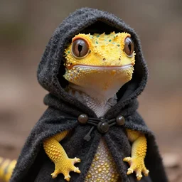 yellow humanoid gecko lizard wearing a dark wool cloak ; hood pulled over head ; large eyes ; yellow skin ; fantasy race ; trending on artstation ; digital art ; hyper realistic