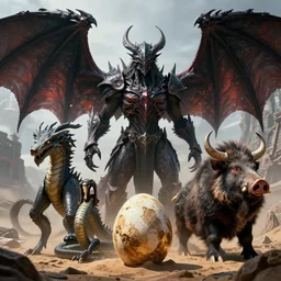 by beatriz bradaschii and danny ingrassia, visually stunning, cinematic, ultra realistic, hyper realism, 1 2 k, epic, octane render, unreal engine, vfx, maya, blackwing corruptor : twilight guardian, ebon dragonsmith : book wyrm, serpent egg : sandhoof waterbreakerer, stonetusk boar : sudden genesis