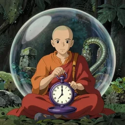 hyperrealist, studio ghibli dull colors portrait from close encounters of the third kind 1 9 7 7 of a purple pocketwatch monk warping in a snake bubble jungle stonehenge.