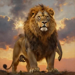 oversized muscular anthropomorphic lion , very textured detailed oil painting panoramic backlight portrait by rembrandt, backlight, dramatic clouds ,sunset