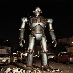 giant robot at night, humanoid, eyes, historical photo, grainy, vintage, stark light, dramatic lighting, evil smile, street at night, cars in the background, trash on the ground, night sky, scary, evil