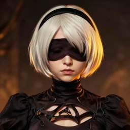 gentle portrait of nier automata 2 b full blindfold. by nikolay makovsky greg rutkowski. brown black, orange, yellow. sharp contrast