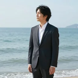 japanese man with long hair in a suit standing in the ocean looking at the camera, wide shot, far away, sunset, album cover, 1980, tatsuro yamashita