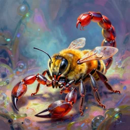 a bee with a scorpion tail, vivid colors, extremely detailed digital painting, in the style of fenghua zhong and ruan jia and jeremy lipking and peter mohrbacher, mystical colors, rim light, beautiful lighting, 8 k, stunning scene, raytracing, octane, trending on artstation