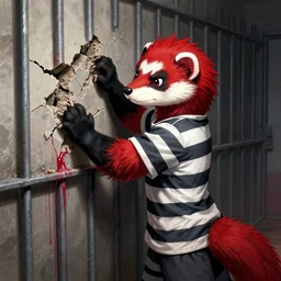 a red - and - black weasel - ferret - stoat fursona / furry ( from the furry fandom ) dressed in prisoner's regalia, scratching and chiseling on a prison cell wall in order to create cracks and impressions, embraced by blessed madness, the paint flows through the nooks and crannies of the partition, the art style of paul lehr and joe jusko gone dark