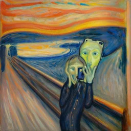 oil painting of The Scream taking a seflie with an iPhone by Edvard Munch