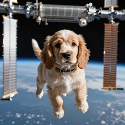 a cocker spaniel puppy floating inside the international space station, realistic, professional photography, 4 k, sharp lens, focus, depth of field