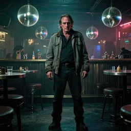 the full - body shot of old wrinkled unkempt drunkard brawler joaquin phoenix with sideburns worn in grey jacket in steampunk fallout disco bar, still shot from withnail & i movie with cinematography of christopher doyle, frostpunk, neon gloomy light, discoball reflections, anamorphic, optical flares, kodak film, sharp focus, 8 k