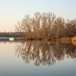 professional photography of calm lake, reflection of dry trees in background in lake, golden hour soft light, boat in lake, highly detailed, super realistic, art by greg rutsoswki