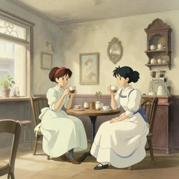 two girls in victorian dress drinking coffee in the interior of an antique coffee shop, wide angle, light color scheme, natural lighting, intricate details, cozy atmosphere, matte painting, illustration, by hayao miyazaki