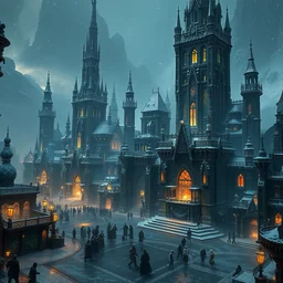 a city built by powerful magic, a city of black obsidian crystal wizard towers, different levels, obsidian glass, snow, marchand, sceniv view of a plazza, high fantasy, by craig mullins and raphael lacoste, cinematic and dramatic lighting