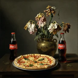 dutch golden age still life, pizza, coca cola, withered flowers, otto marseus van schrieck still life, dutch golden age painting, dramatic lighting, cinematic lighting, willem van aelst still life, elias van den broeck painting still life, christiaen striep still life, rachel ruysch flowers, oil on canvas