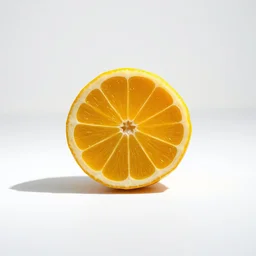 studio top angle image of a cut lemon, studio lighting, solid white floor.