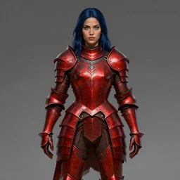 Lady in Red armor, Dark blue hair, gorgeous latina face, light brown skin, green eyes, practical armor, ornamental, symmetry, by donato giancola, by RossDraws, by leng jun, by leonardo da vinci, digital, matte painting, D&D, high fantasy, full body picture, no extra limbs, no extra character, trending on artstation artstationHQ, artstationHD, octane, cgsociety, covered chest, neck to waist armor, realistic armor, practical armor