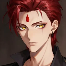 portrait of hisoka morow hunter hunter male thin lips small eyes very thin pursed lips extremely sharp jaw yellow iris almond almond eyes squinting eyes dark red hair soft hair crimson teardrop tattoo anime, elegant, highly detailed, digital painting, artstation art by ruan jia and greg rutkowski, bowie