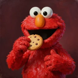 elmo eating a cookie in hell, digital art, oil painting, 3 d,