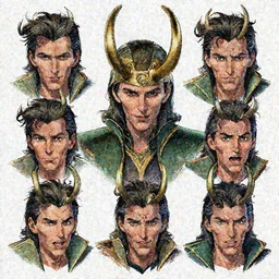 The artwork is conceptual artwork for a graphic novel that shows Loki, the god of mischief, in a variety of emotional states. Lee Garbett produced the artwork in 2015. The illustration is wonderfully detailed, and each expression on Loki's face is well captured.
