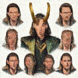The artwork is conceptual artwork for a graphic novel that shows Loki, the god of mischief, in a variety of emotional states. Lee Garbett produced the artwork in 2015. The illustration is wonderfully detailed, and each expression on Loki's face is well captured.