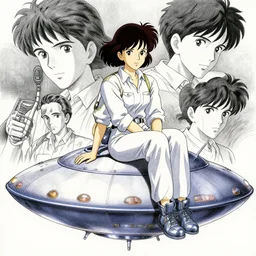 a film still of a 1 9 5 0's mechanic anime girl sitting on top of flying ufo, intricate linework, sharp focus, finely detailed features, full body mid shot, perfect art, highly detailed faces,, painted by gaston bussiere, makoto shinkai, akihiko yoshida, gaston bussiere, craig mullins, studio ghibli